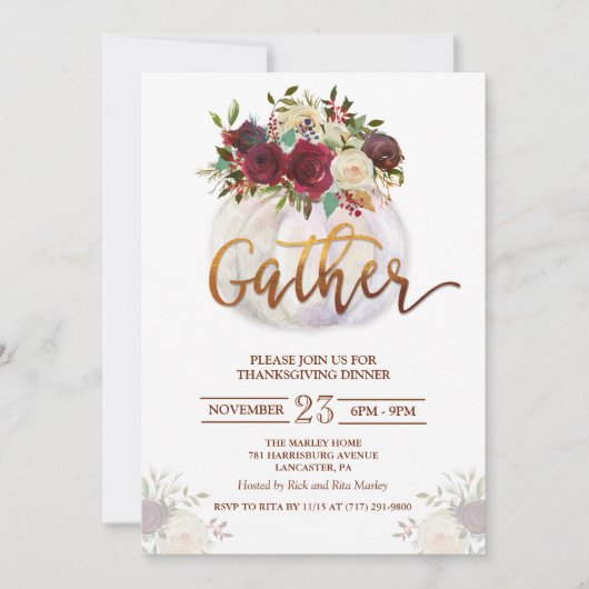 Bloemige Pompoen Thanksgiving Diner Uitnodiging (Voorkant)