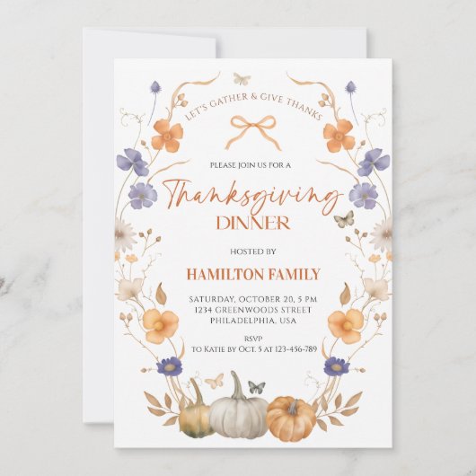 Bloemige Pompoen Thanksgiving Diner Uitnodiging (Voorkant)