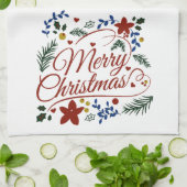 Bloemige Prettig Kerstfeest Theedoek (Gevouwen)