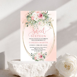 Bloemige Prinses Blush Goud Sweet 16 Feest Uitnodi Kaart