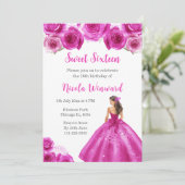 Bloemige Prinses in Hete Roze Jurk Sweet Sixteen Kaart (Staand voorkant)