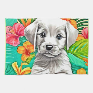 Bloemige Puppy Kunst Theedoek