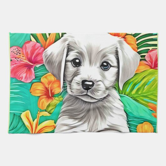 Bloemige Puppy Kunst Theedoek (Horizontaal)
