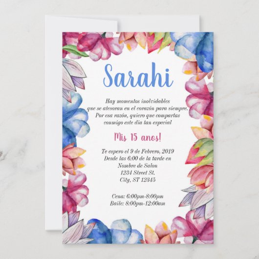 Bloemige Quinceanera Uitnodiging (Voorkant)