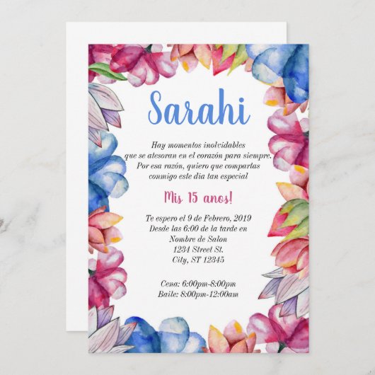 Bloemige Quinceanera Uitnodiging (Voorkant / Achterkant)