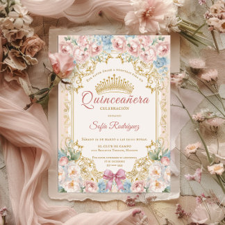 Bloemige quinceañera uitnodiging met elegante kroo