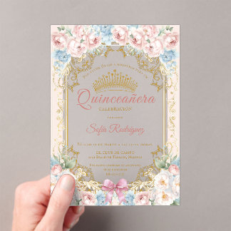 Bloemige quinceañera uitnodiging met elegante kroo