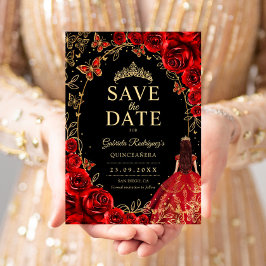 Bloemige Quinceanera Zwart Rood Goud Save The Date