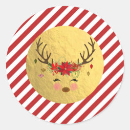 Bloemige Rendier Kerstmis Rode Strepen Goud Folie Ronde Sticker