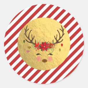 Bloemige Rendier Kerstmis Rode Strepen Goud Folie Ronde Sticker