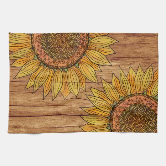 Bloemige robuuste elegante houten kunst zonnebloem theedoek (Horizontaal)