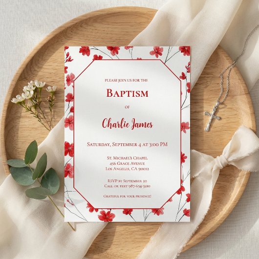 Bloemige rode doop uitnodiging