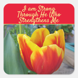 Bloemige Rode Gele Tulp God Quote Ik Ben Sterk Vierkante Sticker