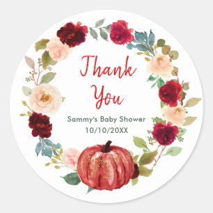 Bloemige Rode Pompoen Baby Shower Bedankt Ronde Sticker
