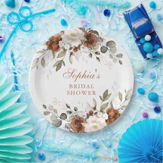 Bloemige Roest Crème Groen Blauw Bruidsdouche Papieren Bordje (Feest)