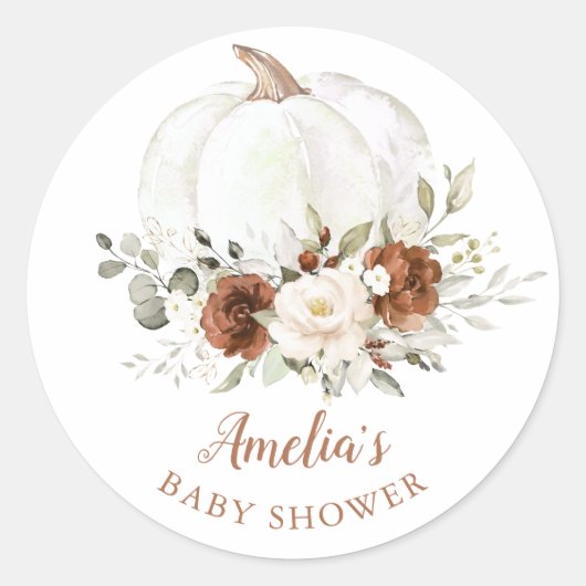 Bloemige Roest Crème Pompoen Baby Shower Ronde Sticker (Voorkant)