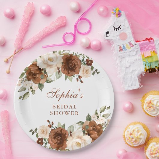 Bloemige Roest Peach Groene Goud Bruiloftsborrel Papieren Bordje (Feest)