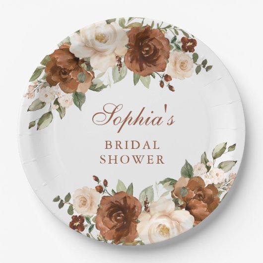 Bloemige Roest Peach Groene Goud Bruiloftsborrel Papieren Bordje (Voorkant)