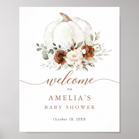 Bloemige Roest Pompoen Baby Shower Welkomstbord Poster (Voorkant)