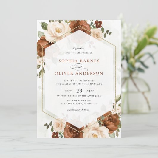 Bloemige Roestige Perzik Groene Goud Geometrische  Kaart (Staand voorkant)