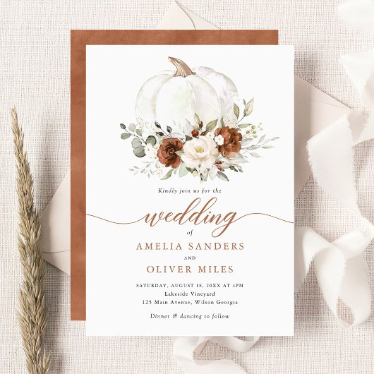 Bloemige Roestige Pompoen Herfst Groene Huwelijksd Kaart