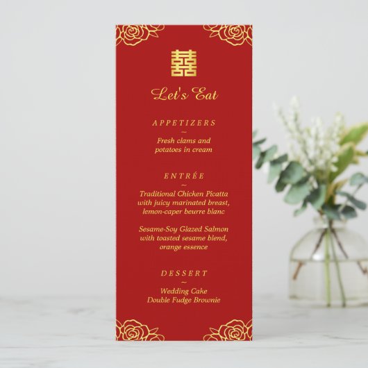 Bloemige roos rood goud Chinese huwelijksreceptie  Menu (Staand voorkant)
