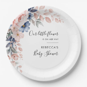 Bloemige Roze Blauwe Bloemen Waterverf Baby Shower Papieren Bordje