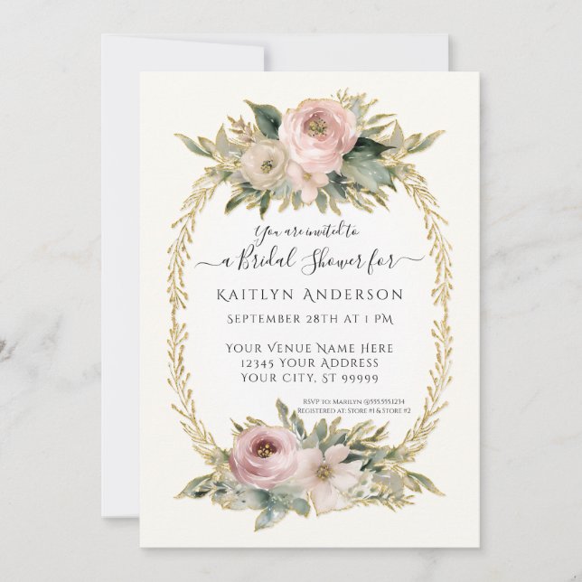 Bloemige Roze Bloemen met Gouden Bruiloftsontvangs (Voorkant)