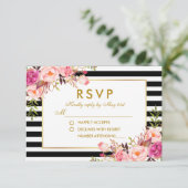 Bloemige Roze Blush Goud Zwart Strepen RSVP Trouwe (Staand voorkant)