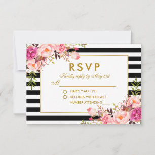 Bloemige Roze Blush Goud Zwart Strepen RSVP Trouwe Kaartje