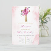 Bloemige roze blush met kruisdoop kaart (Staand voorkant)