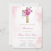 Bloemige roze blush met kruisdoop kaart (Voorkant)