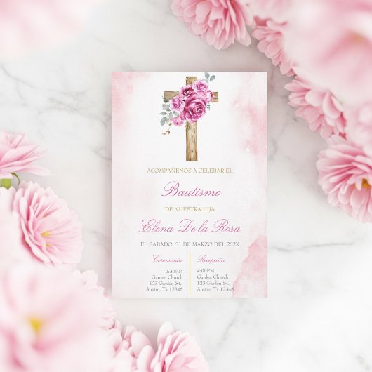 Bloemige roze blush met kruisdoop kaart