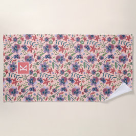 Bloemige roze boho all-over print monogram strandlaken