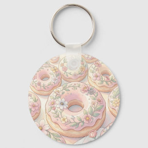 Bloemige Roze Donuts Pastel Illustratie Sleutelhanger