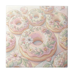 Bloemige Roze Donuts Pastel Illustratie Tegeltje