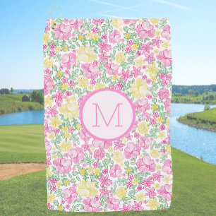 Bloemige Roze Gele Preppy Aangepaste Initiële Dame Golfhanddoek