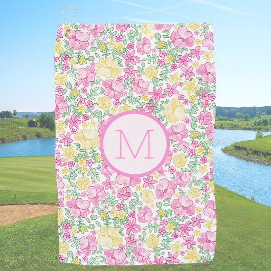 Bloemige Roze Gele Preppy Aangepaste Initiële Dame Golfhanddoek