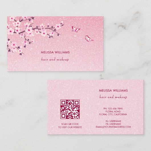 Bloemige Roze Glitter QR Code met Kersenbloesem Visitekaartje (Voorkant / Achterkant)