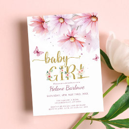 Bloemige Roze Gouden Botanische Meisje Baby Shower Kaart