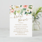 Bloemige Roze Gouden Confetti Bruidsdouche Kaart (Staand voorkant)