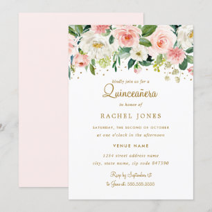 Bloemige Roze Gouden Quinceanera Kaart