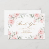 Bloemige Roze Groene Gouden Baby Shower Bedankkaart (Voorkant / Achterkant)