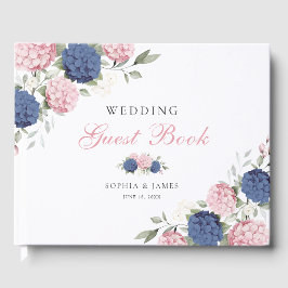 Bloemige Roze & Marineblauwe Hortensia Groene Huwe Gastenboek