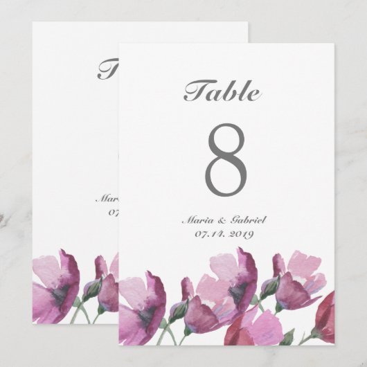 Bloemige roze paarse waterverf Tafelnummer Bruilof (Voorkant / Achterkant)