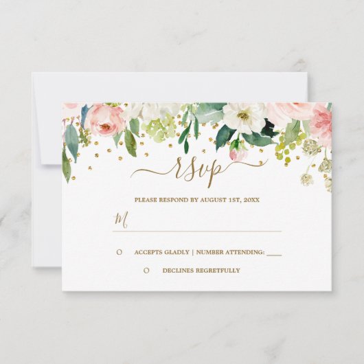 Bloemige Roze Perzik Goud Confetti RSVP (Voorkant)