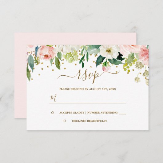 Bloemige Roze Perzik Goud Confetti RSVP (Voorkant / Achterkant)