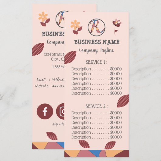 Bloemige Roze Perzik Zakelijk Menu Prijslijst (Voorkant / Achterkant)
