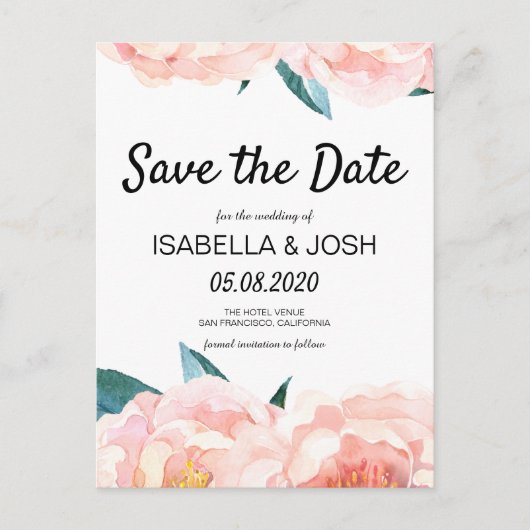 Bloemige Roze Pioen Boho Save the Date Aankondigingskaart (Voorkant)