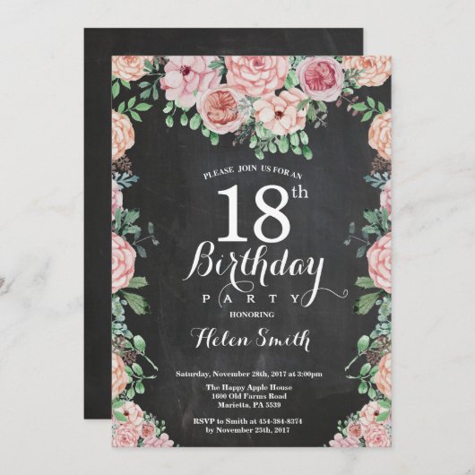 Bloemige Roze Pioenrozen 18e Verjaardag Schrijfbor Kaart (Voorkant / Achterkant)